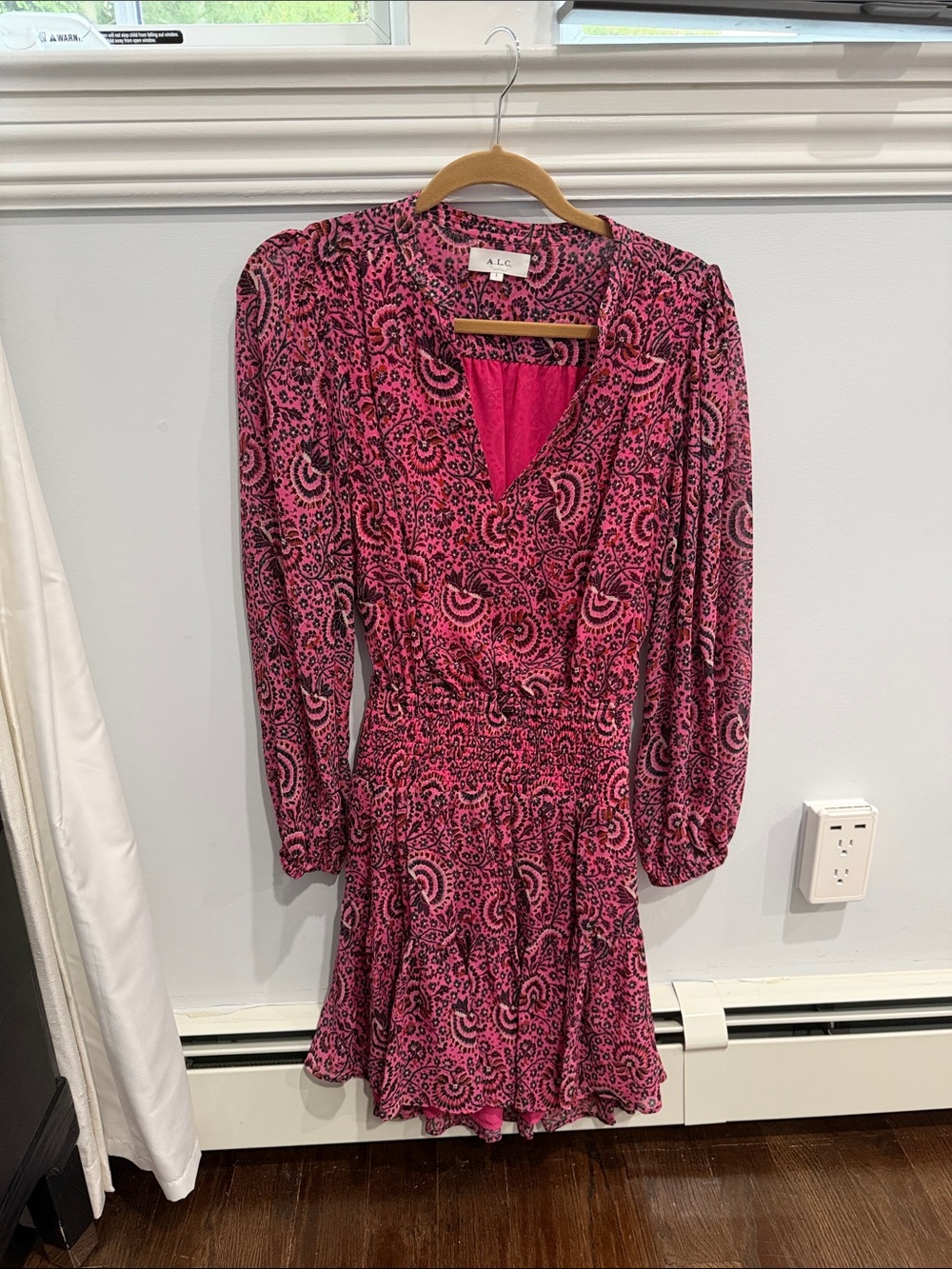 A.L.C. Fuchsia Paisley Long-Sleeve V-Neck Mini Dress